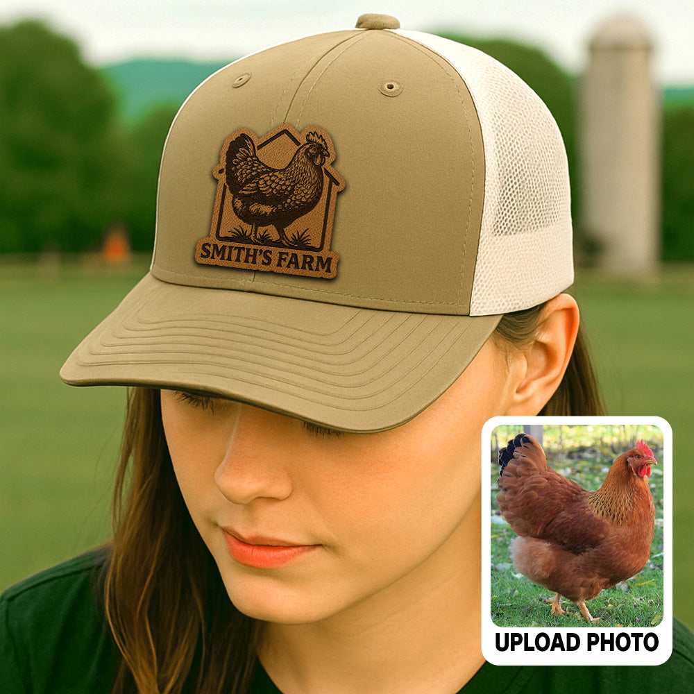 Personalized Chicken Photo Leather Patch Hat | Custom Farm Photo Trucker Hat | Farm Leather Patch Hat THUC99