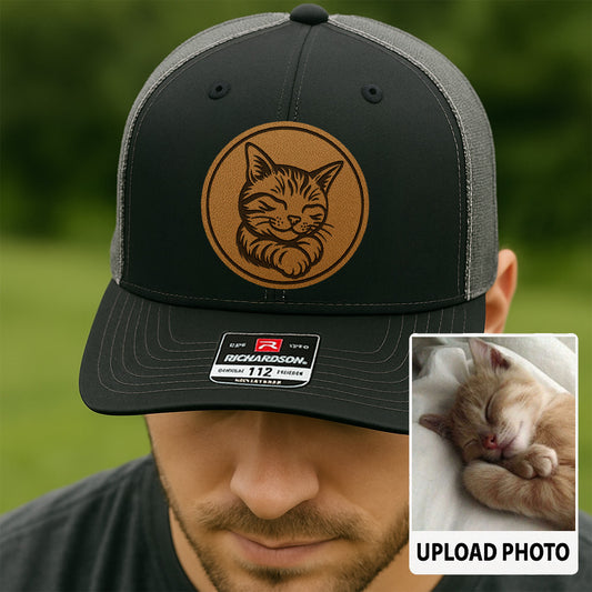 Custom Cat Photo Trucker Hat | Personalized Cat Photo Leather Patch Hat | Gift For Cat Lover TNGANSP033