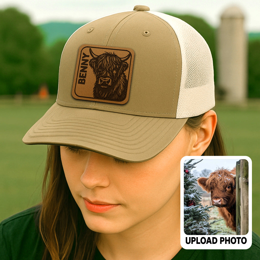Personalized Cow Photo Leather Patch Hat | Custom Farm Photo Trucker Hat | Farm Leather Patch Hat THUC99