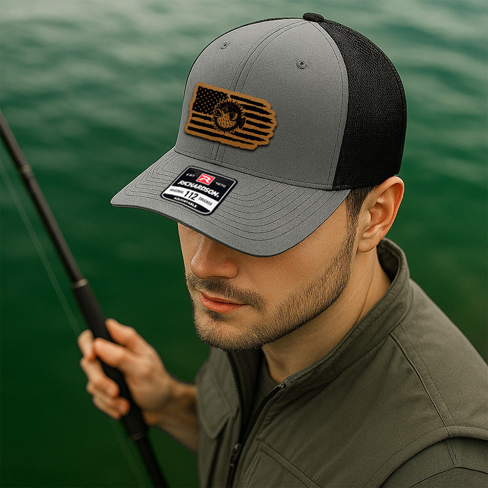 Personalized Fishing American Flag Hat – Custom Trucker Hat With Leather Patch Gift For Fishman THUC99MF03