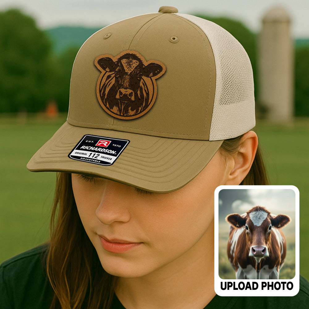 Personalized Cow Photo Leather Patch Hat | Custom Farm Trucker Hat | Gift For Farm Lover THUC99
