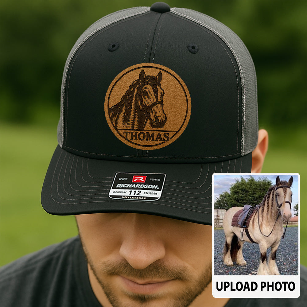 Personalized Horse Photo Leather Patch Hat | Custom Pet Photo Trucker Hat | Leather Patch Horse Hat  Farm Gift THUC9906