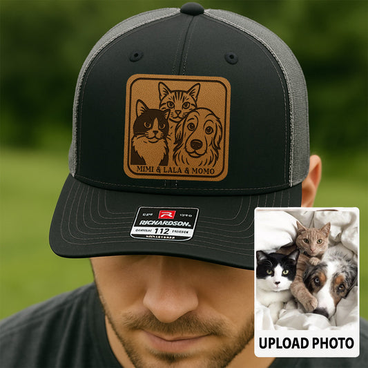 Custom Cat Photo Trucker Hat | Personalized Cat Patch Leather Patch Hat | Gift For Cat Lovers TNGANSP030