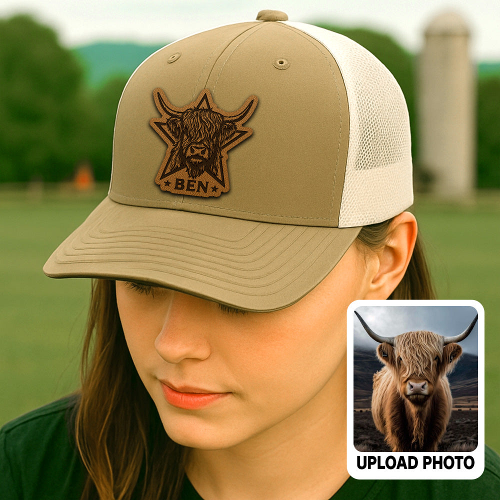 Personalized Cow Photo Leather Patch Hat | Custom Farm Trucker Hat | Gift For Farm Lover THUC99