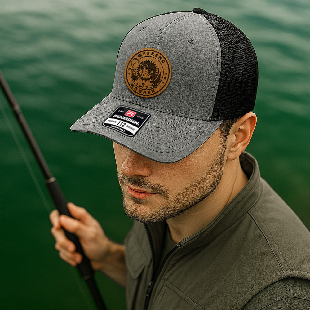 Personalized Fishing Dad Hat – Custom Leather Patch Cap – Top Gift for Retired Fishermen THUC99MF02