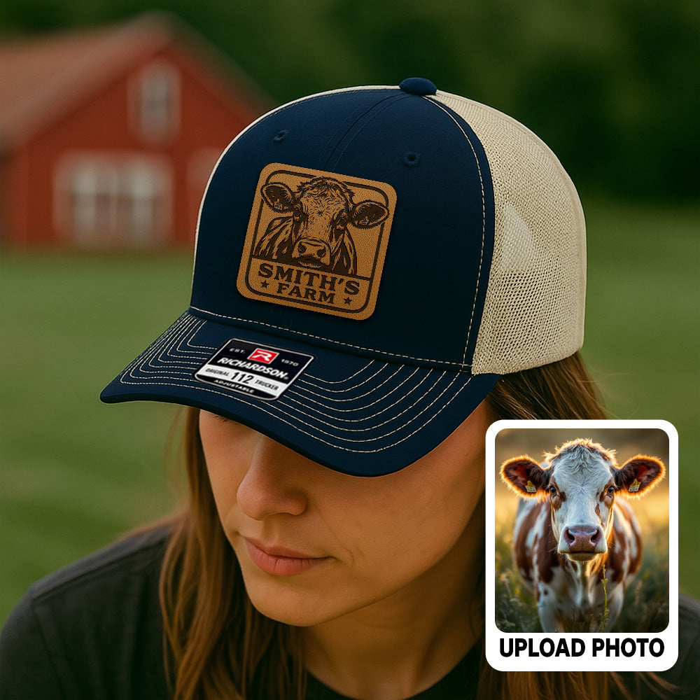 Personalized Cow Photo Leather Patch Hat | Custom Farm Photo Trucker Hat | Farm Leather Patch Hat THUC99
