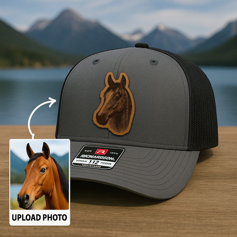 Custom Pet Photo Trucker Hat – Personalized Leather Patch Hat – Horse Portrait Gift – Custom Pet Face Hat P99A24