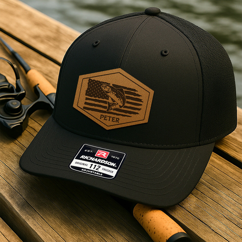 Custom Name Fishing Trucker Hat – Personalized Laether PatchGift for Fishermen, Dads THUC99MF03