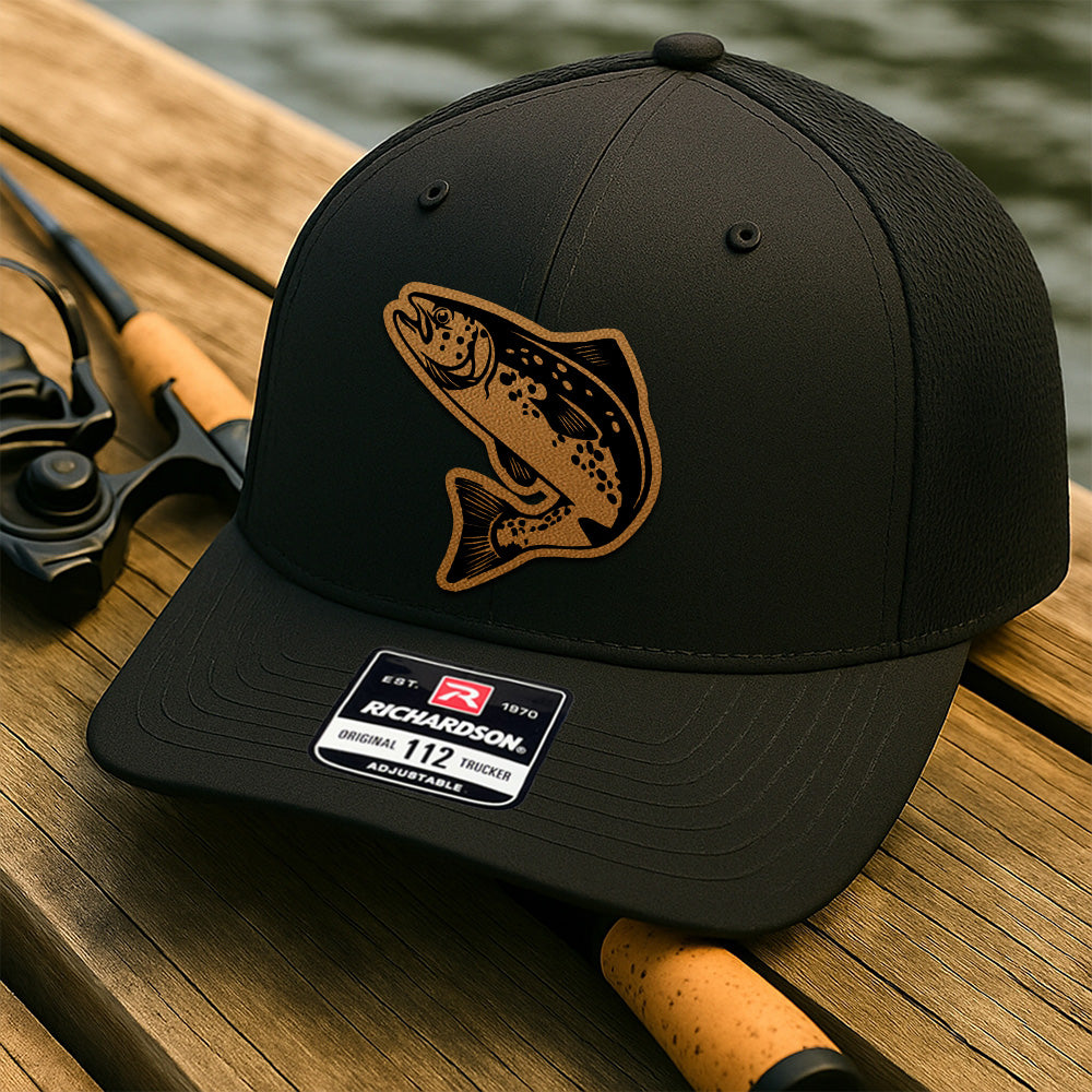 Custom Fishing Trucker Hat for Men – Personalized Leather Patch Hat Gift for Dad or Husband THUC99MF29