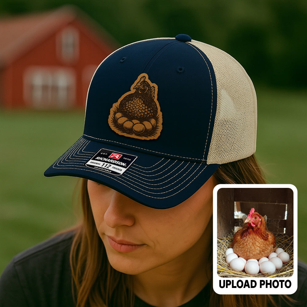 Personalized Chicken Photo Leather Patch Hat | Custom Farm Trucker Hat | Gift For Farm Lover THUC99
