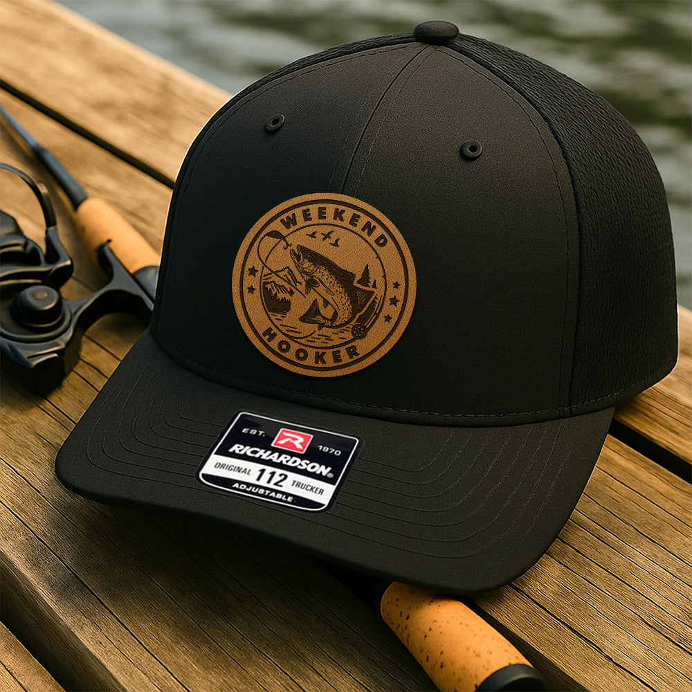 Personalized Fishing Trucker Hat – Custom Fish Leather Patch Hat – Gift for Dad, Husband, or Grandpa THUC99MF22