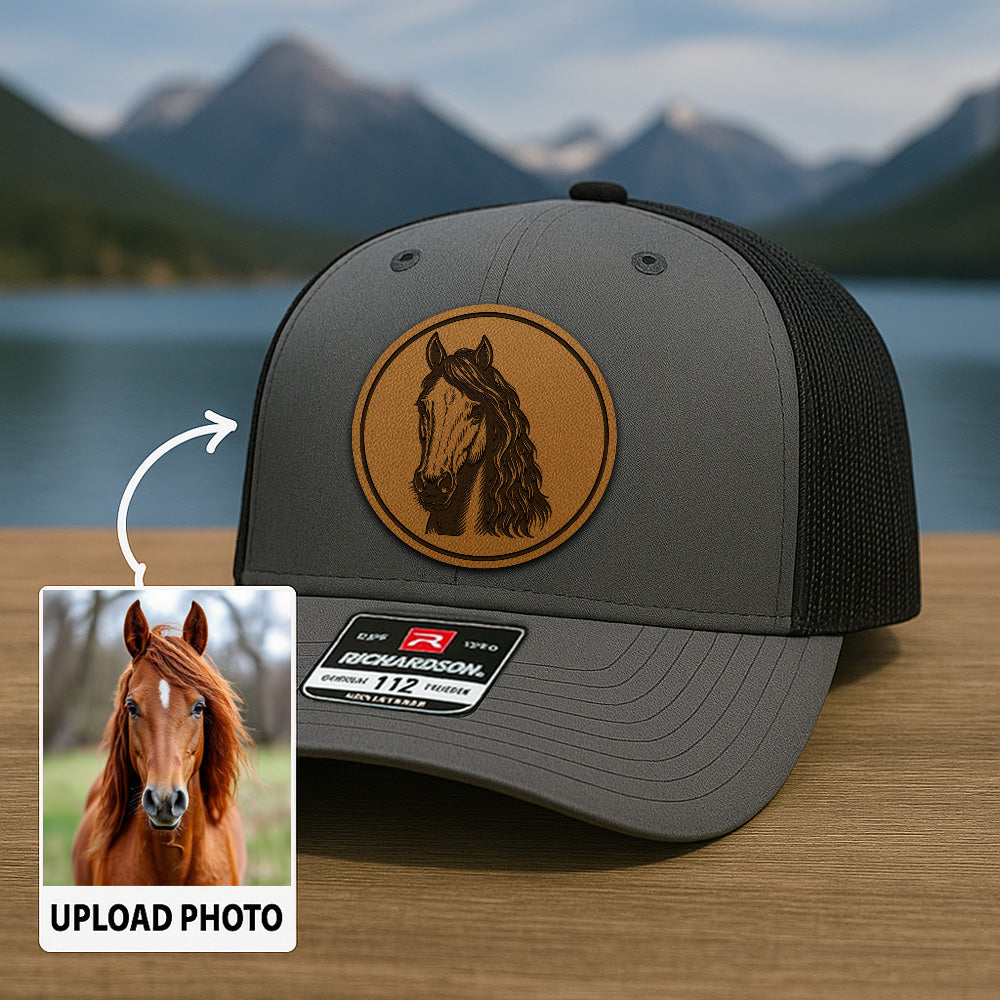 Personalized Photo Leather Patch Hat | Custom Horse Photo Trucker Hat | Gift For Pet Owners THUC99P10