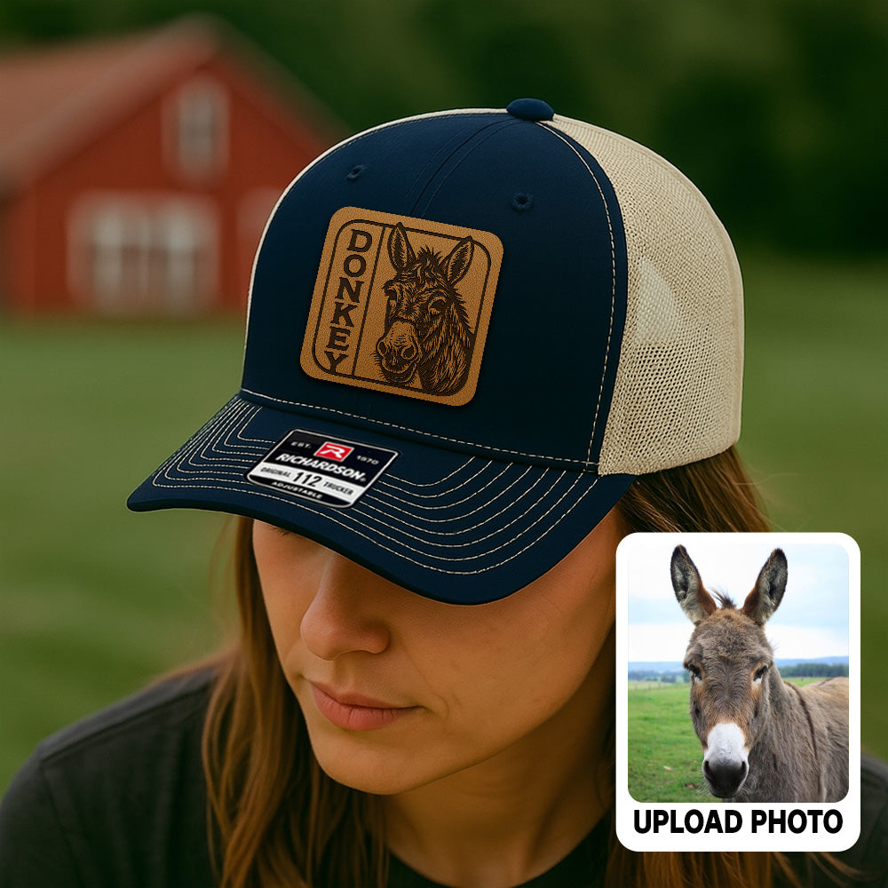 Personalized Donkey Photo Leather Patch Hat | Custom Farm Photo Trucker Hat | Farm Leather Patch Hat THUC99