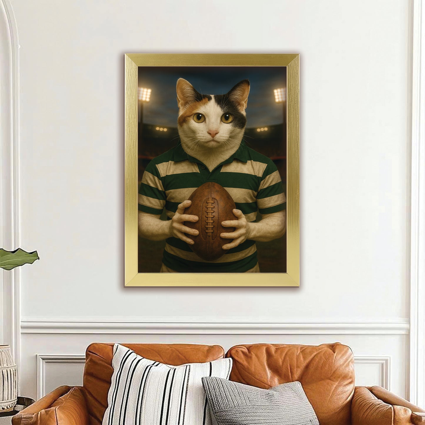 Custom Photo Rugby Player Cat Canvas Framed Wall Art Gift For Cat Lover