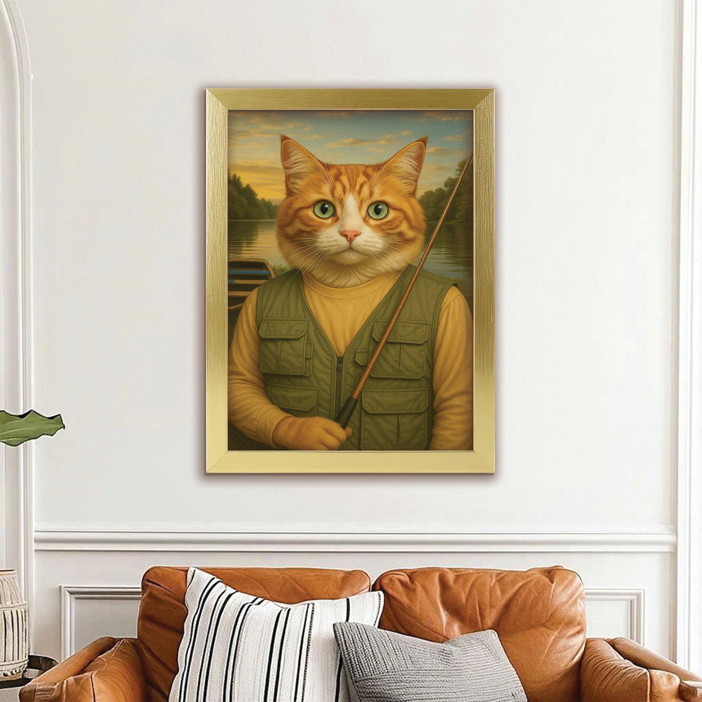 Custom Photo Fisherman Cat Canvas Framed Wall Art