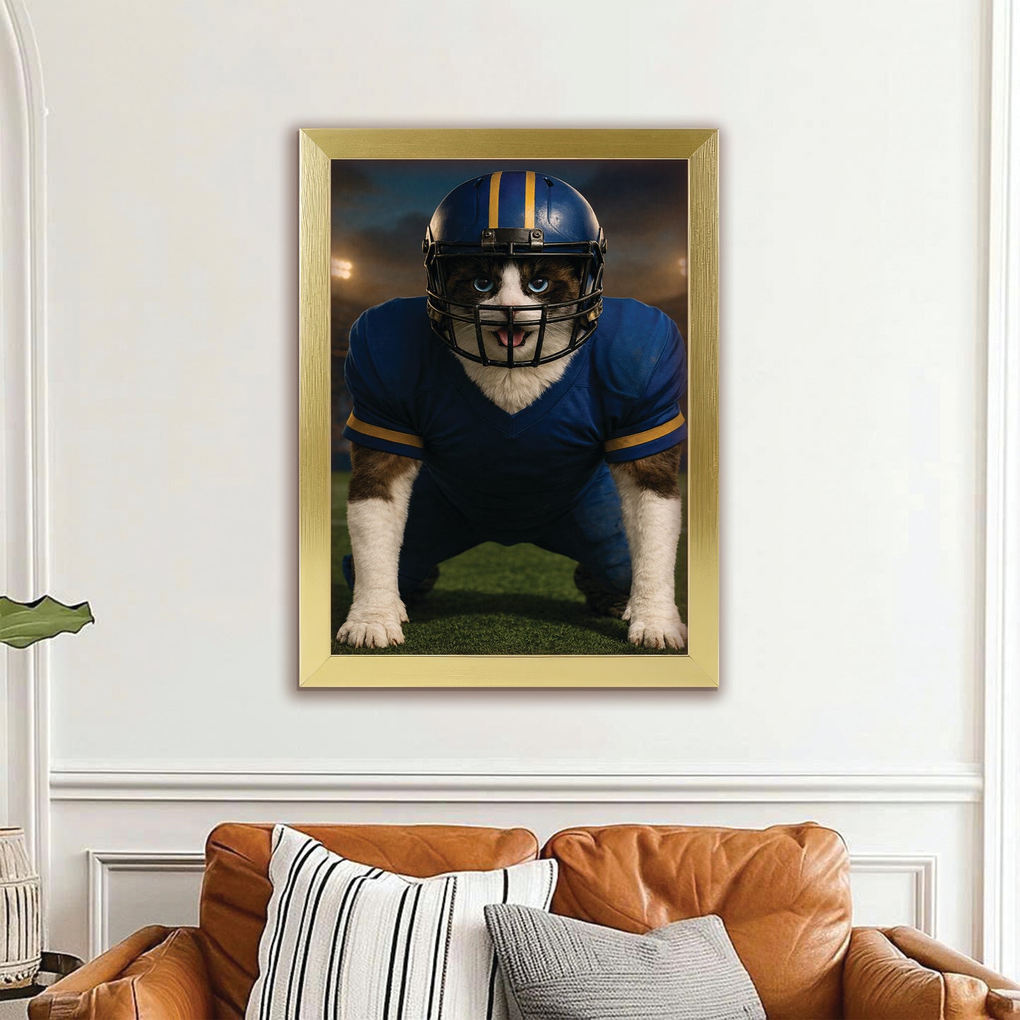 Custom Photo Football Player 2 Cat Canvas Framed Wall Art Gift For Cat Lovers