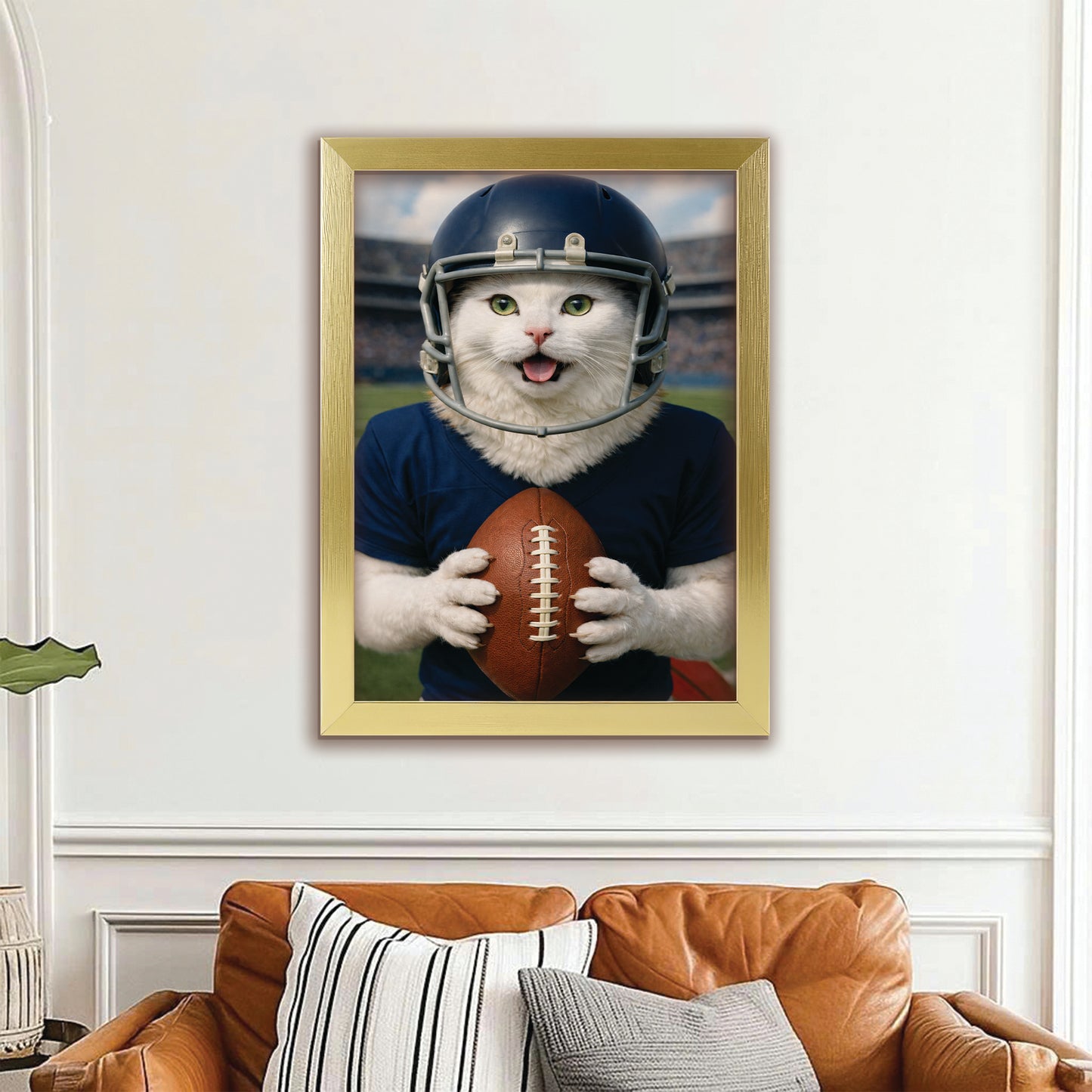 Custom Photo Footaball Cat Canvas Framed Wall Art Gift For Cat Lovers