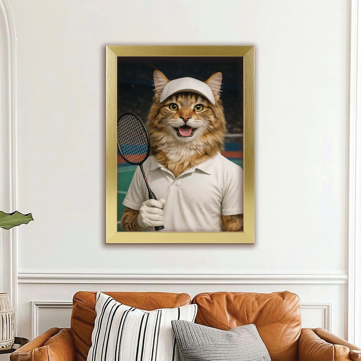 Custom Photo Badminton Cat Canvas Framed Wall Art Gift For Cat Lovers