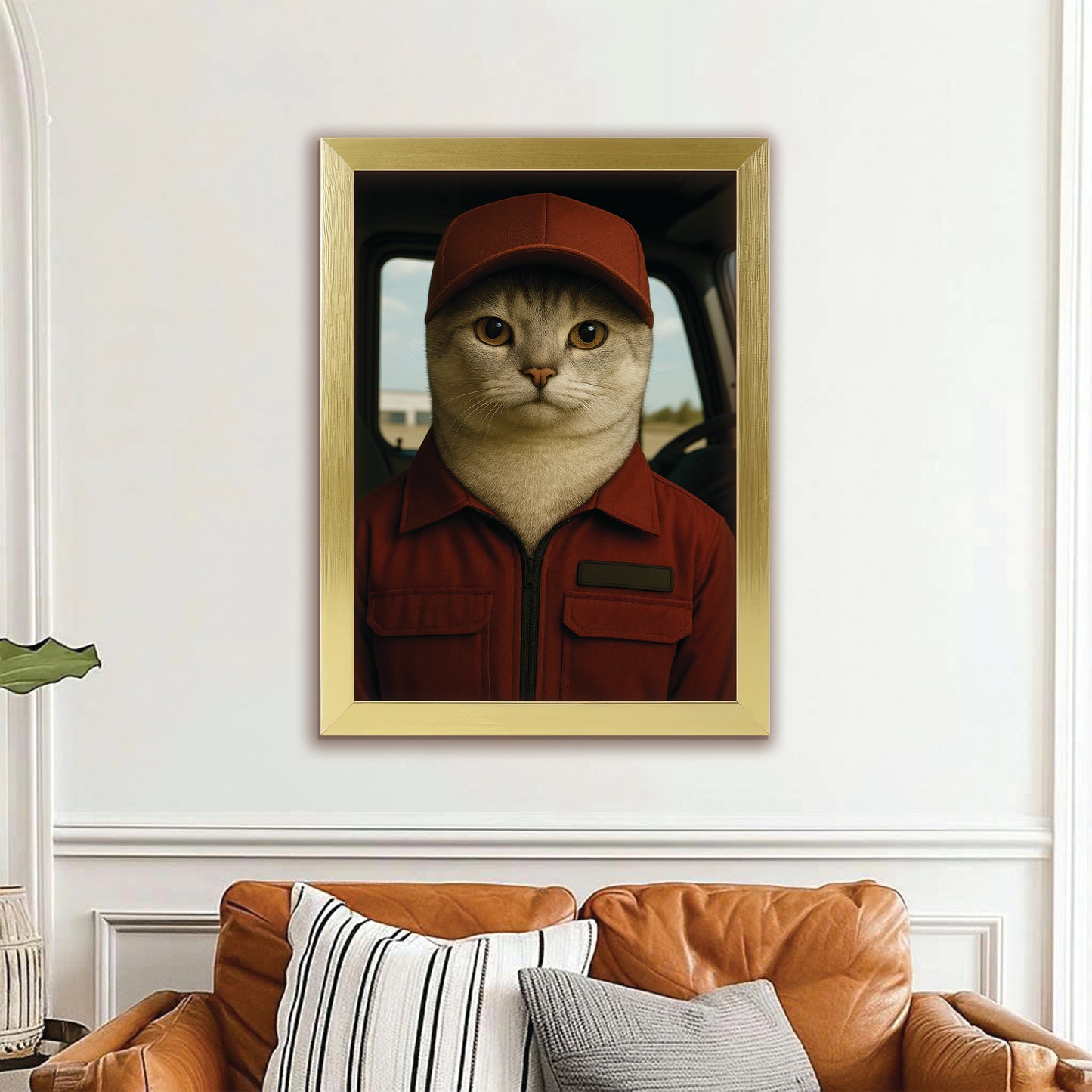 Custom Photo Trucker Driver Cat Canvas Framed Wall Art Gift For Cat Lovers