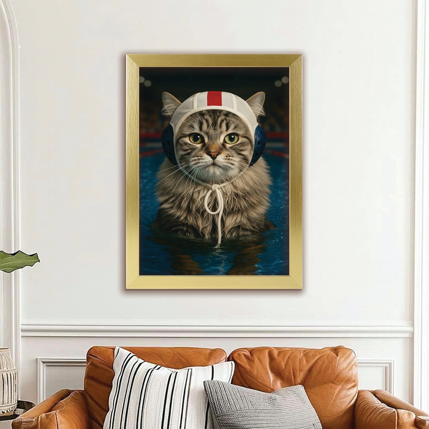 Custom Photo Swimmer Cat Canvas Framed Wall Art Gift For Cat Lovers