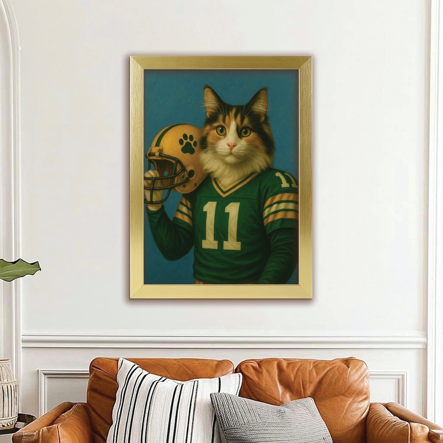 Custom Cat Photo Football Player Canvas Framed Wall Art