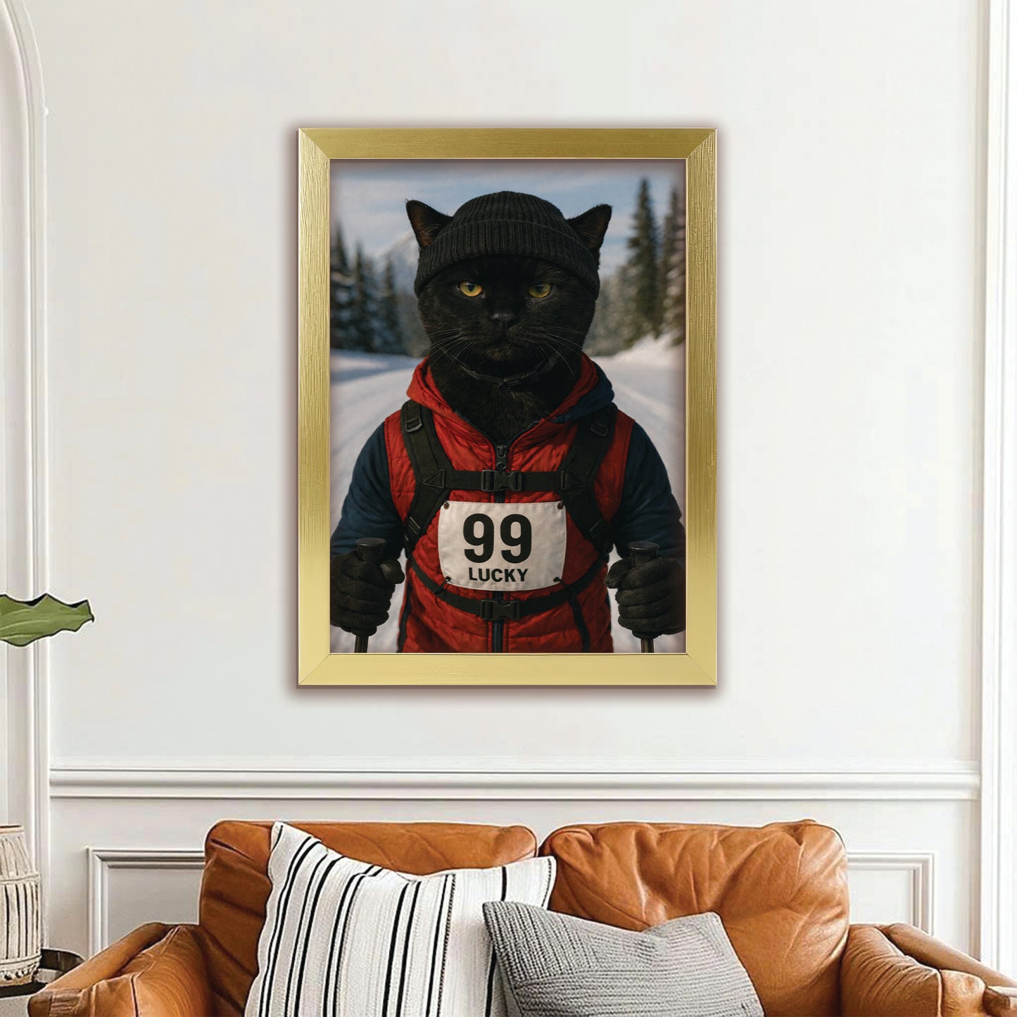 Custom Photo Cross Country Ski Cat Canvas Framed Wall Art Gift For Cat Lovers