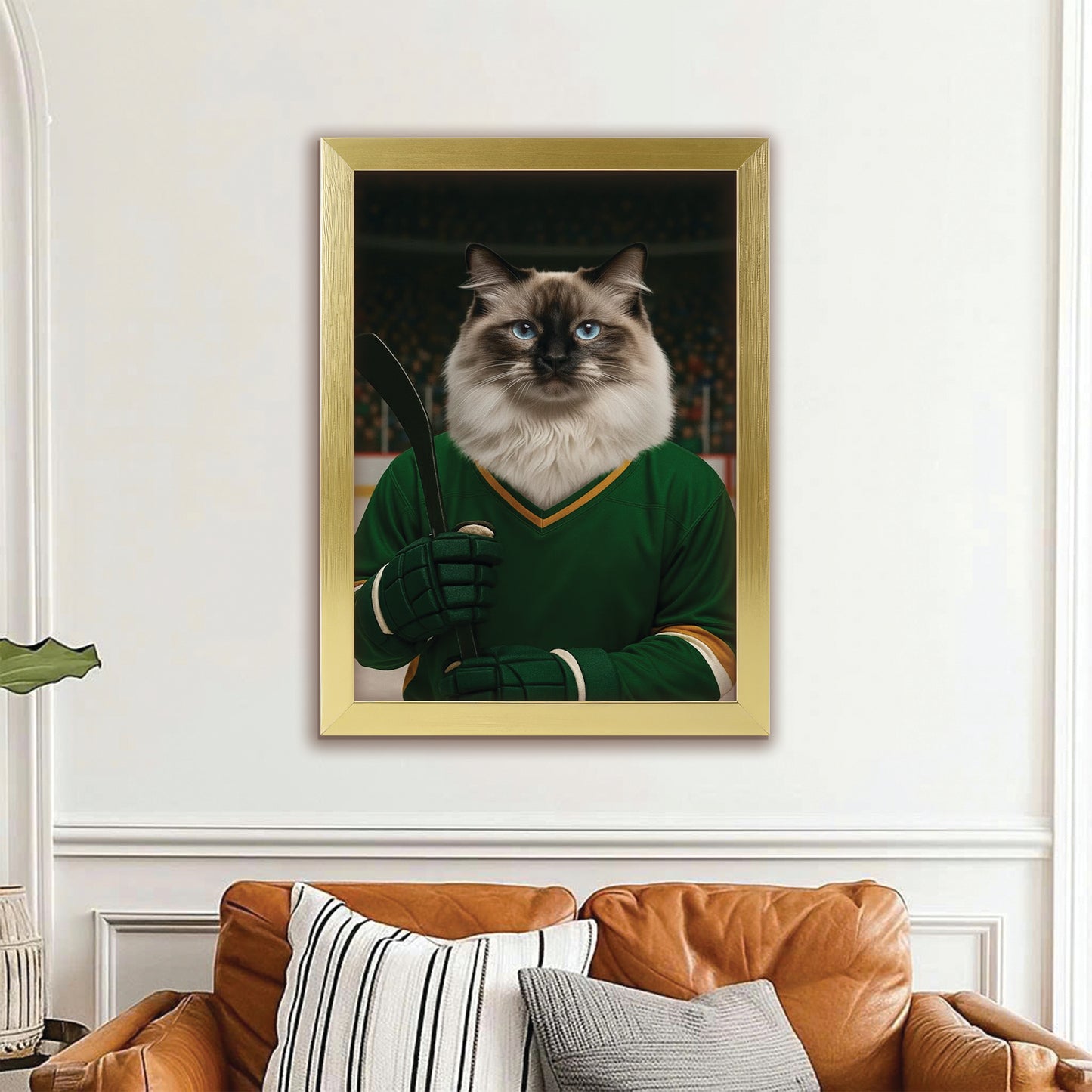 Custom Photo Hockey Player Cat Canvas Framed Wall Art Gift For Cat Lovers