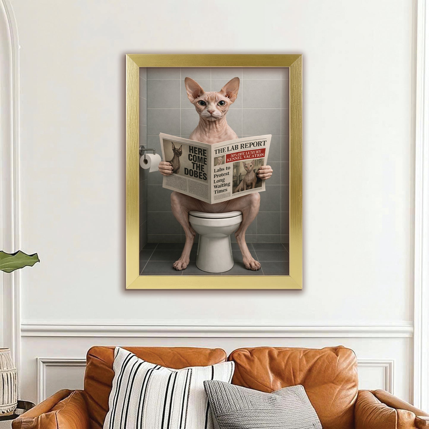 Custom Photo Cat Bathroom Canvas Framed Wall Art Style 03 Gift For Cat Lovers