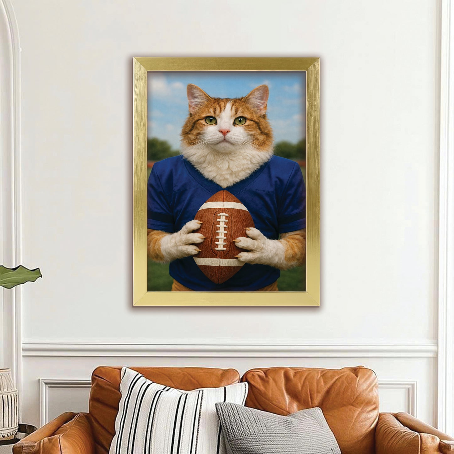 Custom Photo Football Player Cat Canvas Framed Wall Art Gift For Cat Lovers