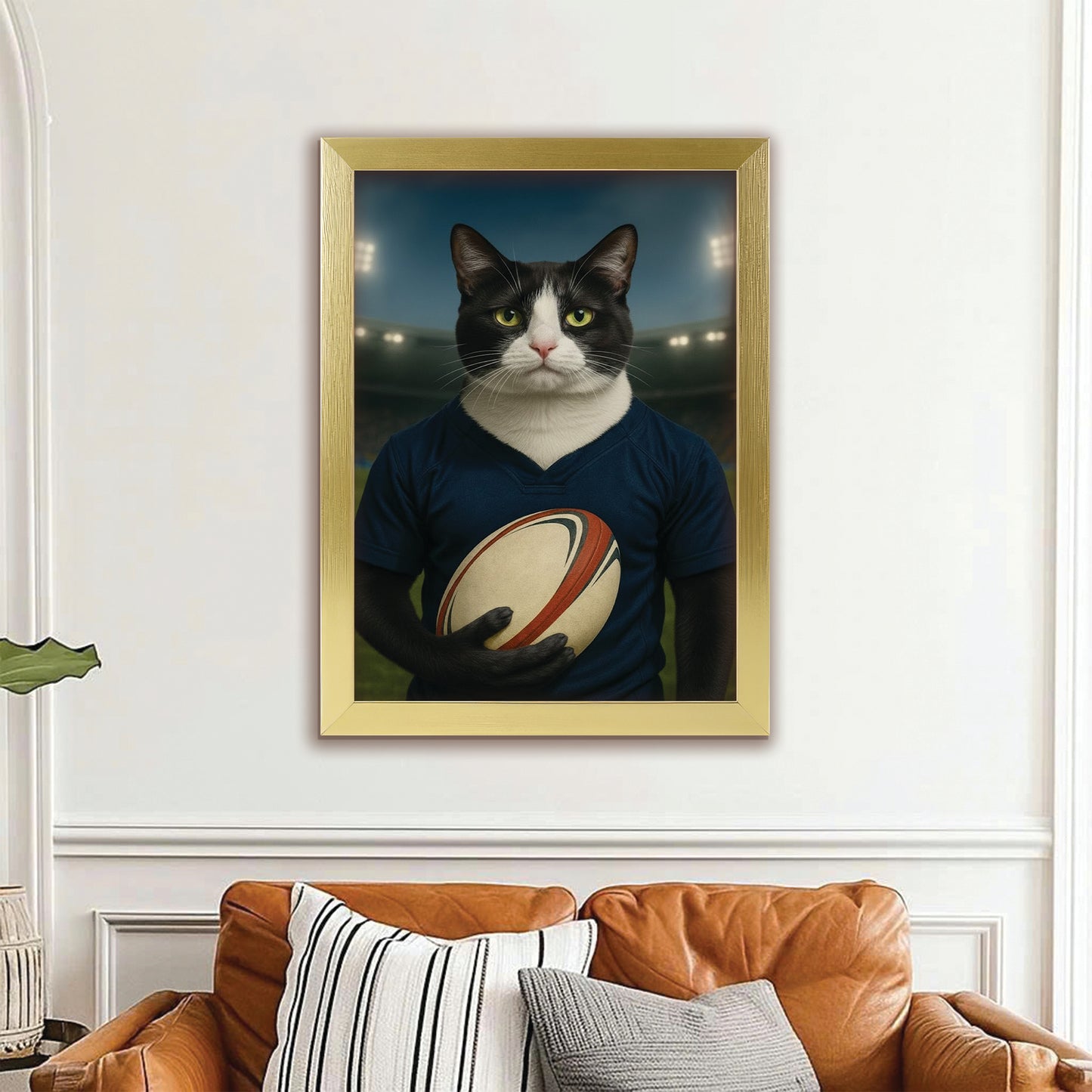 Custom Cat Rugby Sport Cat Canvas Framed Wall Art Gift For Cat Lovers
