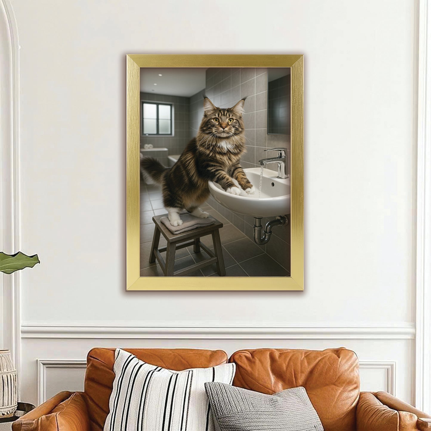Custom Photo Cat In Bathroom Style 1 Canvas Framed Wall Art Gift For Cat Lovers