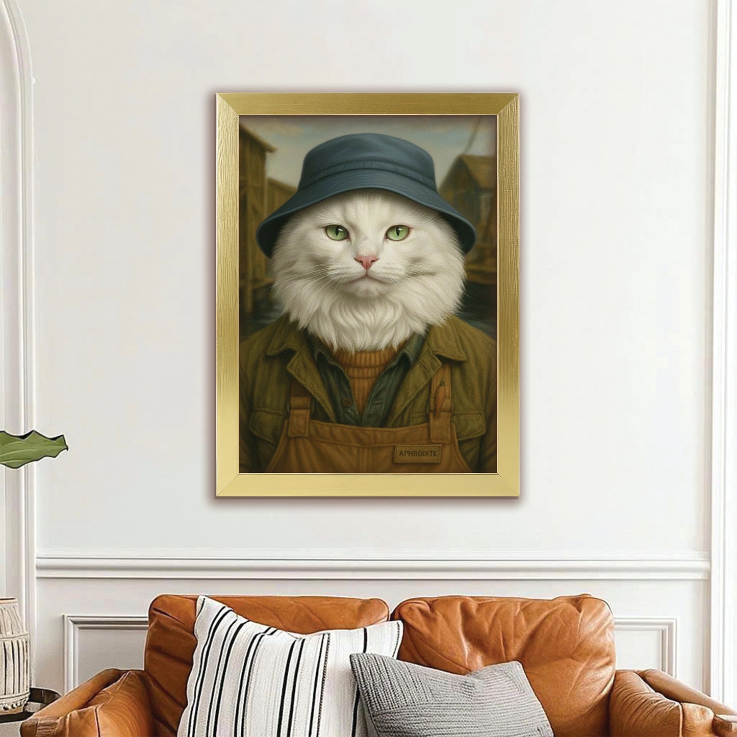 Custom Photo Fisherman Cat Canvas Framed Wall Art Gift For Cat Lovers