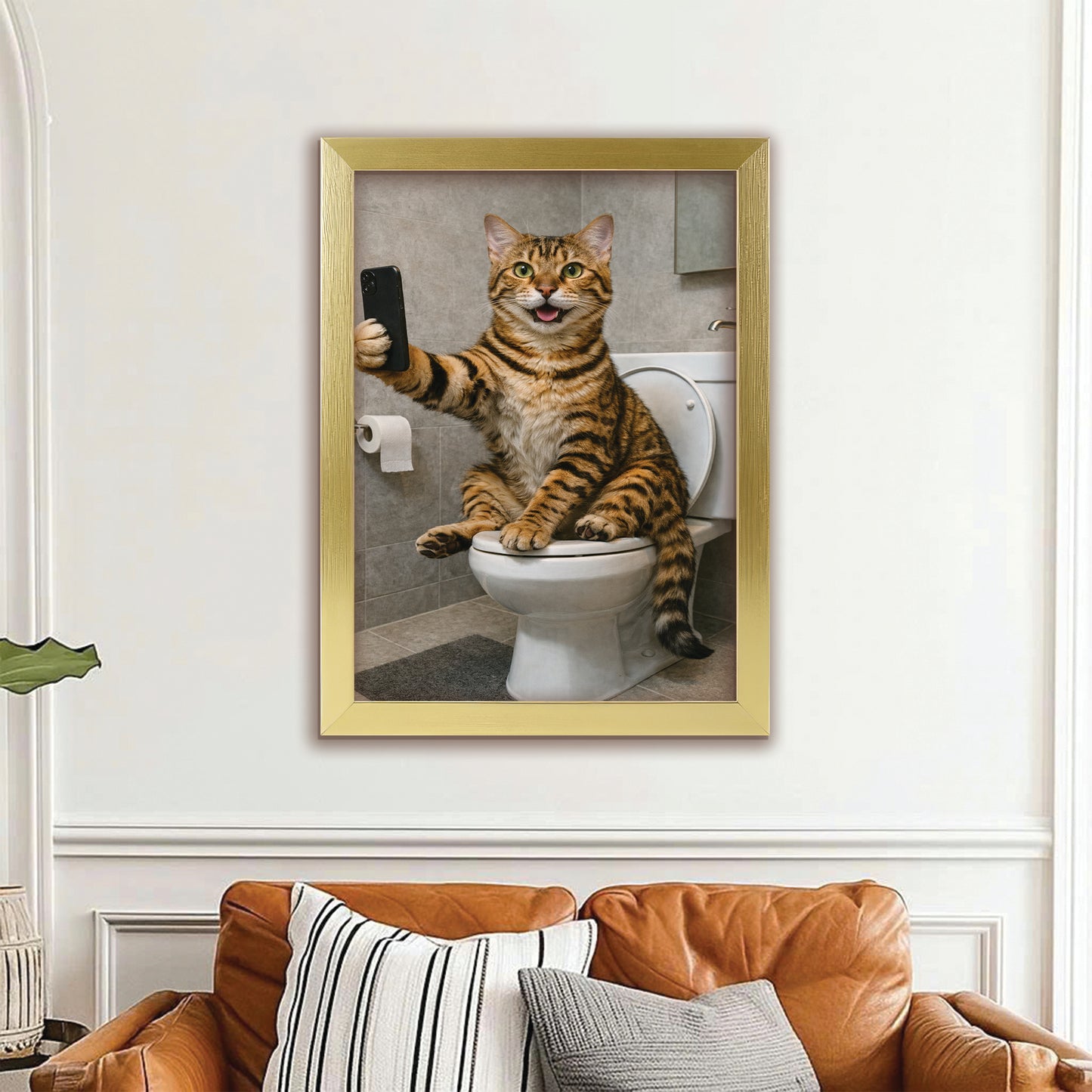 Custom Photo Cat Sefie Bathroom Canvas Framed Wall Art Gift For Cat Lover