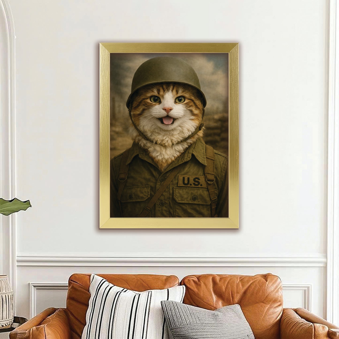 Custom Photo Military Cat Canvas Framed Wall Art Gift For Cat Lovers