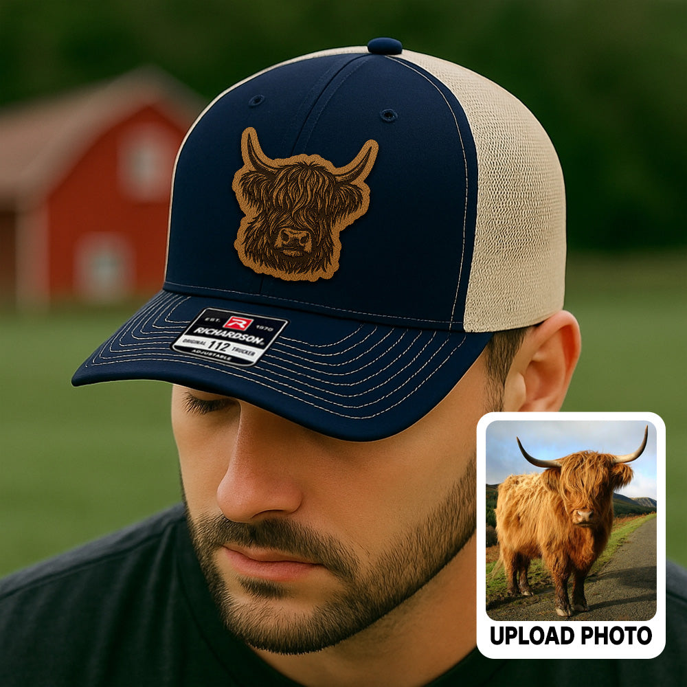 Personalized Highland Cow Photo Leather Patch Hat | Custom Farm Trucker Hat | Gift For Farm Lover THUC99
