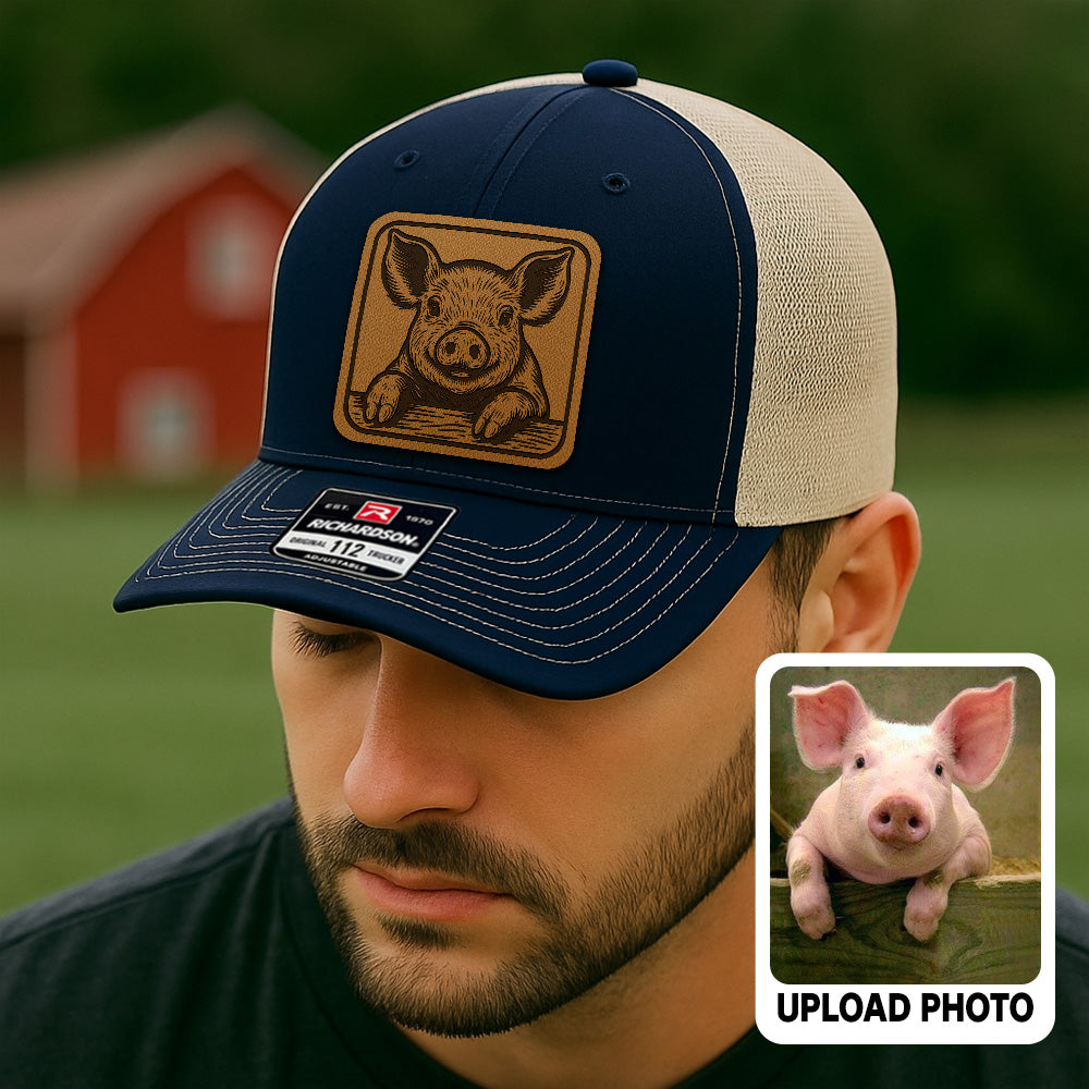 Personalized Pig Photo Leather Patch Hat | Custom Farm Trucker Hat | Gift For Farm Lover THUC99