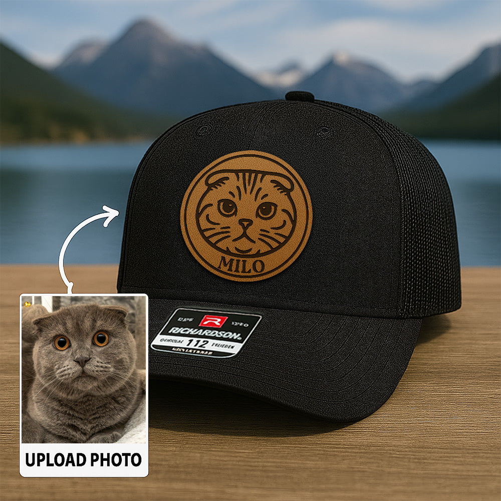 Custom Cat Photo Trucker Hat | Personalized Pet Patch Leather Patch Hat | Cat Memorial Gift TNGANSP029