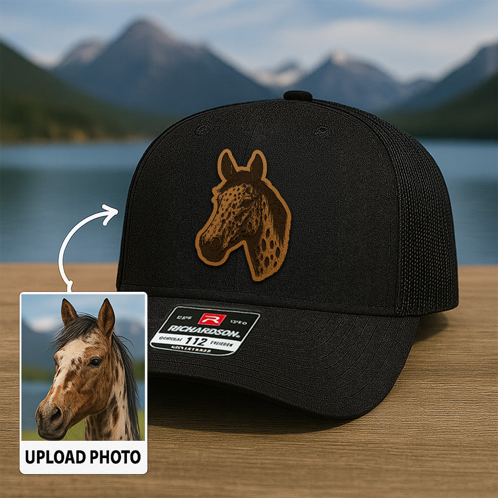 Custom Pet Photo Trucker Hat – Personalized Leather Patch Hat – Horse Portrait Gift – Custom Pet Face Hat P99A23
