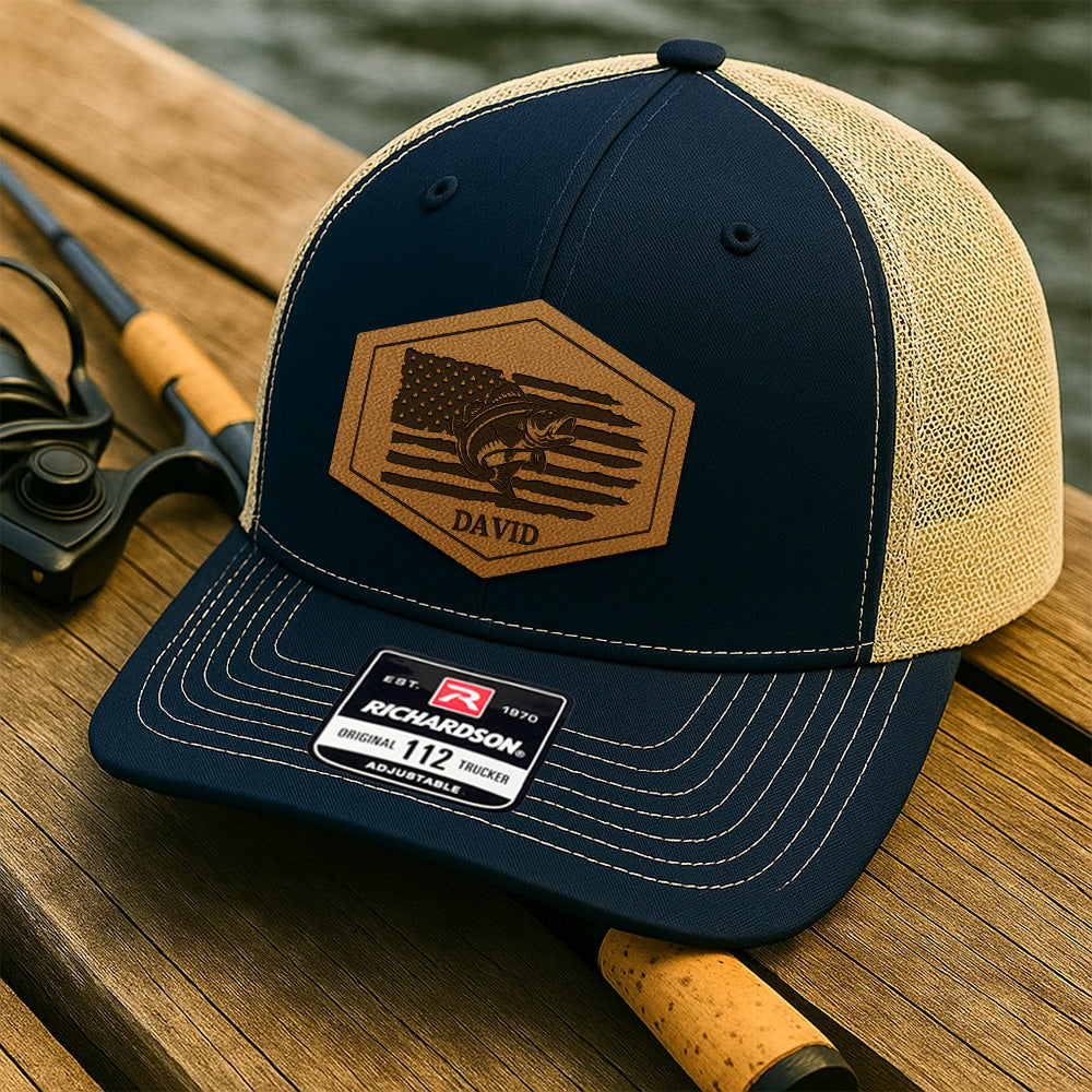 Custom Name Logo Fishing American Flag Hat – Personalized Leather Patch Hat Gift For Fishman THUC99MF03
