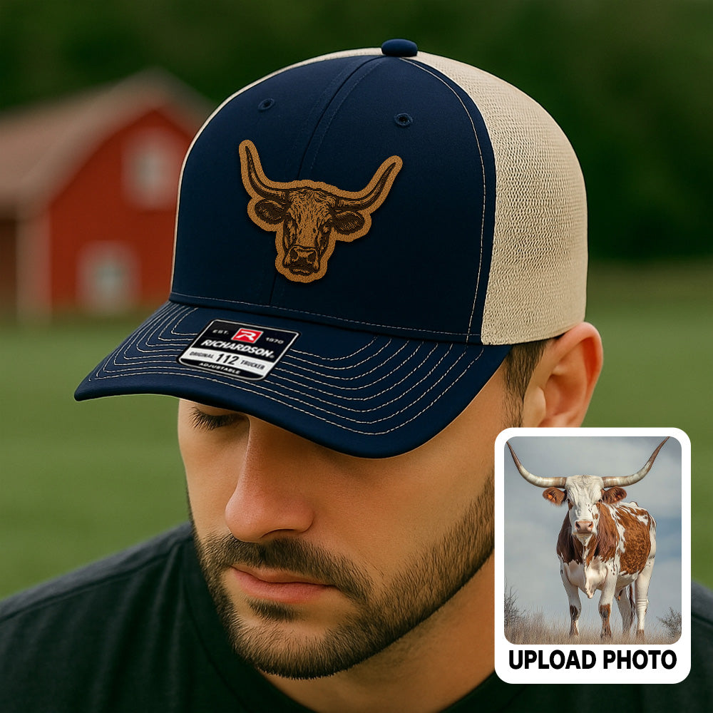 Personalized Long Horn Photo Leather Patch Hat | Custom Farm Photo Trucker Hat | Farm Leather Patch Hat THUC99
