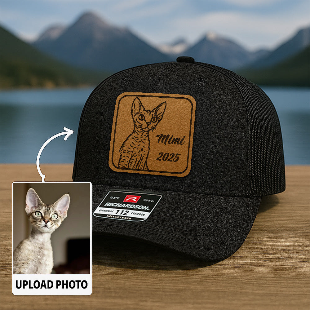 Custom Cat Photo Leather Patch Hat | Gift For Cat Lovers | Personalized Cat Memorial Trucker Hat TNGANSP014