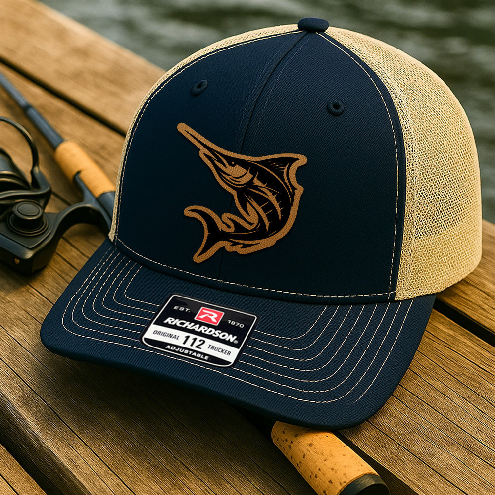 Custom Fishing Trucker Hat for Men – Personalized Leather Patch Hat Gift for Dad or Husband THUC99MF33