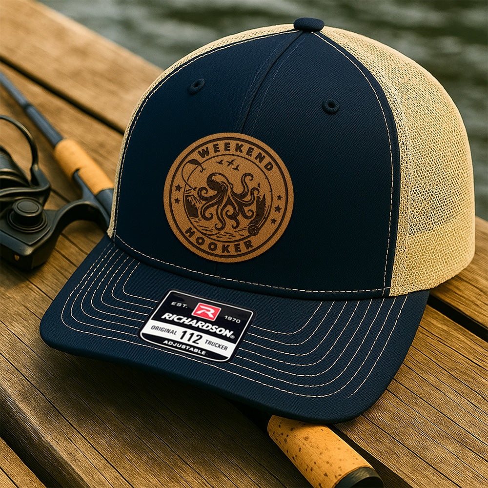 Personalized Fishing Trucker Hat – Custom Leather Patch Hat with Fish Design – Gift for Dad, Husband, or Grandpa THUC99MF02