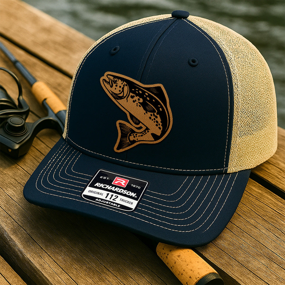 Custom Fishing Trucker Hat for Men – Personalized Leather Patch Hat Gift for Dad or Husband THUC99MF29