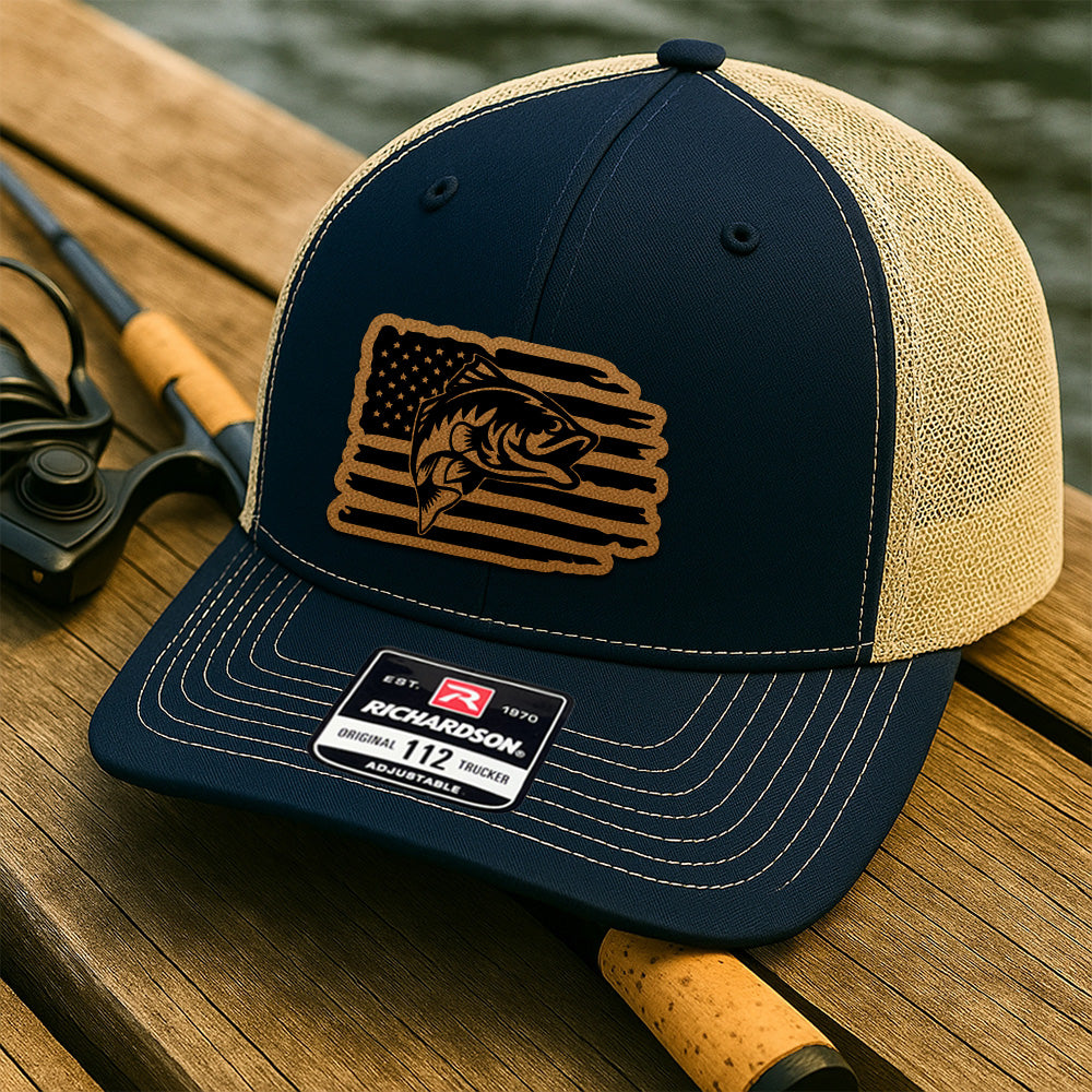 Personalized Fishing Distressed American Flag Trucker Hat – Custom Leather Patch Cap for Men THUC99MF03