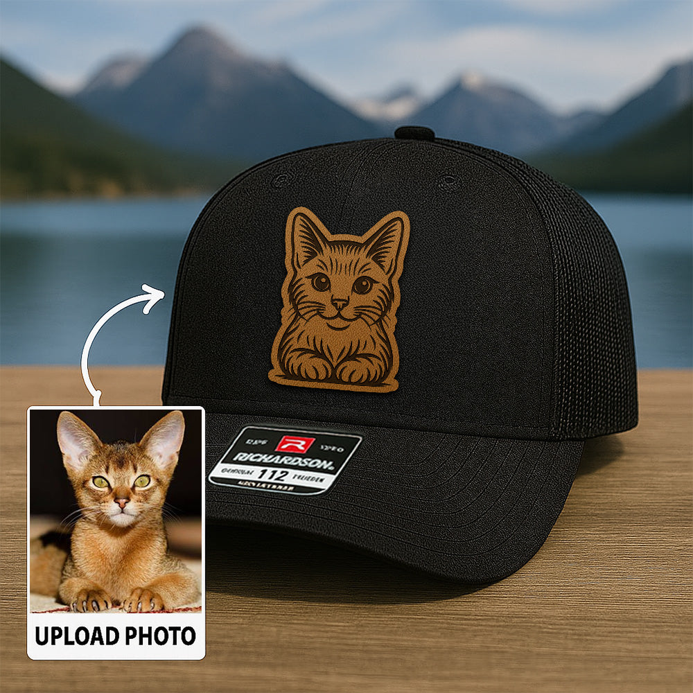 Custom Cat Photo Trucker Hat | Personalized Pet Patch Leather Patch Hat | Gift For Cat Lovers TNGANSP015