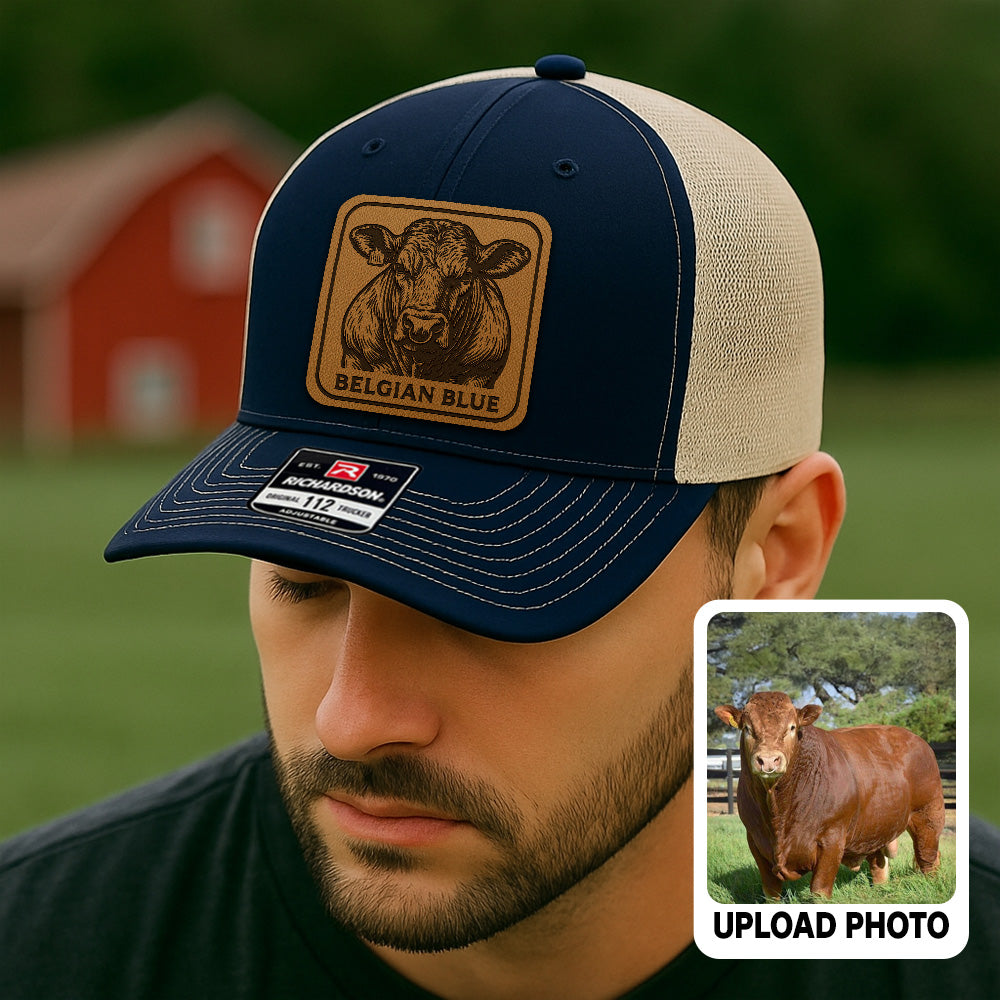 Personalized Cow Photo Leather Patch Hat | Custom Farm Photo Trucker Hat | Farm Leather Patch Hat THUC99