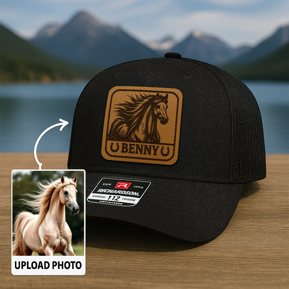 Personalized Horse Photo Leather Patch Hat | Custom Pet Photo Trucker Hat| Pet Face Hat Farm Lovers Gift THUC99P16