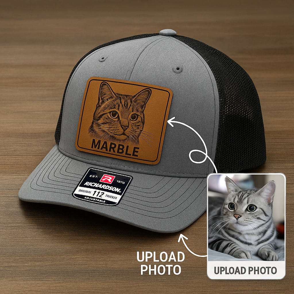 Custom Pet Photo Trucker Hat – Personalized Leather Patch Hat – Cat Lovers Gift – Custom Pet Face Hat NGOC99A12