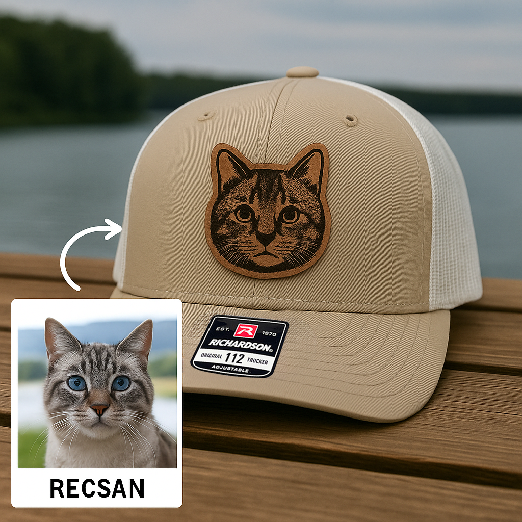 Custom Pet Photo Trucker Hat – Personalized Leather Patch Hat – Cat Dad Gift – Custom Pet Memorial Hat - Cat Gift - Engraved Hat NGOC99A5